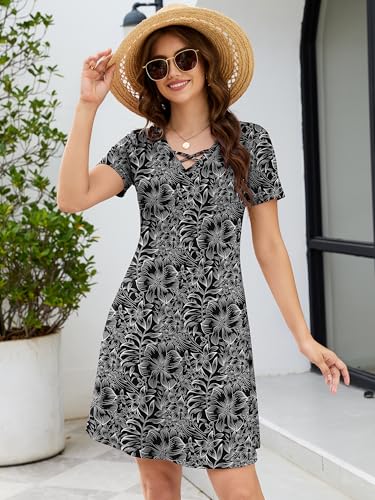 Image of KORSIS Women's Dresses Summer Casual T-Shirt Short Sleeve Criss Cross V Neck Swing Beach Vacation Sundress Dress with Pockets