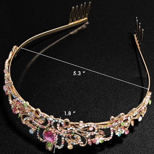 image for TAROSE Rainbow and Gold Crowns for Women, Queen Crystal Tiaras with Co