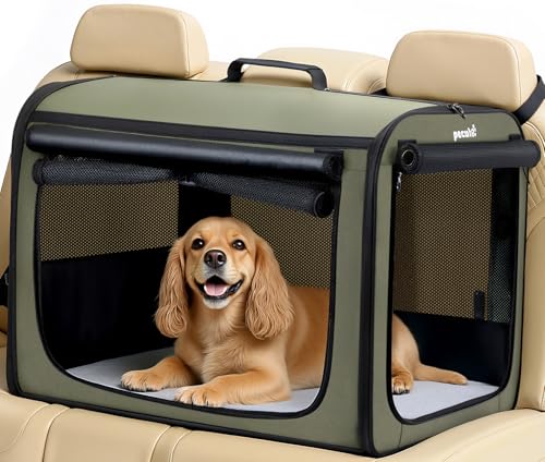 pecute Hundebox Faltbar Hundetransportbox Stabil Auto Transportbox Hund 68.5 x 52 x 52 cm, Leicht Katzen Transportboxen Atmungsaktiv Hundebox mit Rolltor, Transportbox Autofahren Reisen, Dunkelgrün