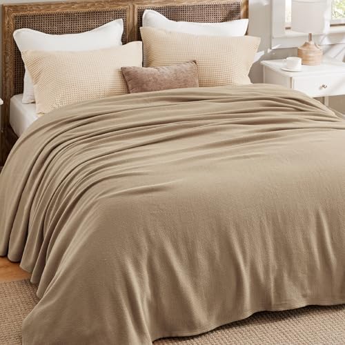 Image of Bedsure 100% Cotton Blanket, Herringbone Weave, Oversized King, Light Brown
