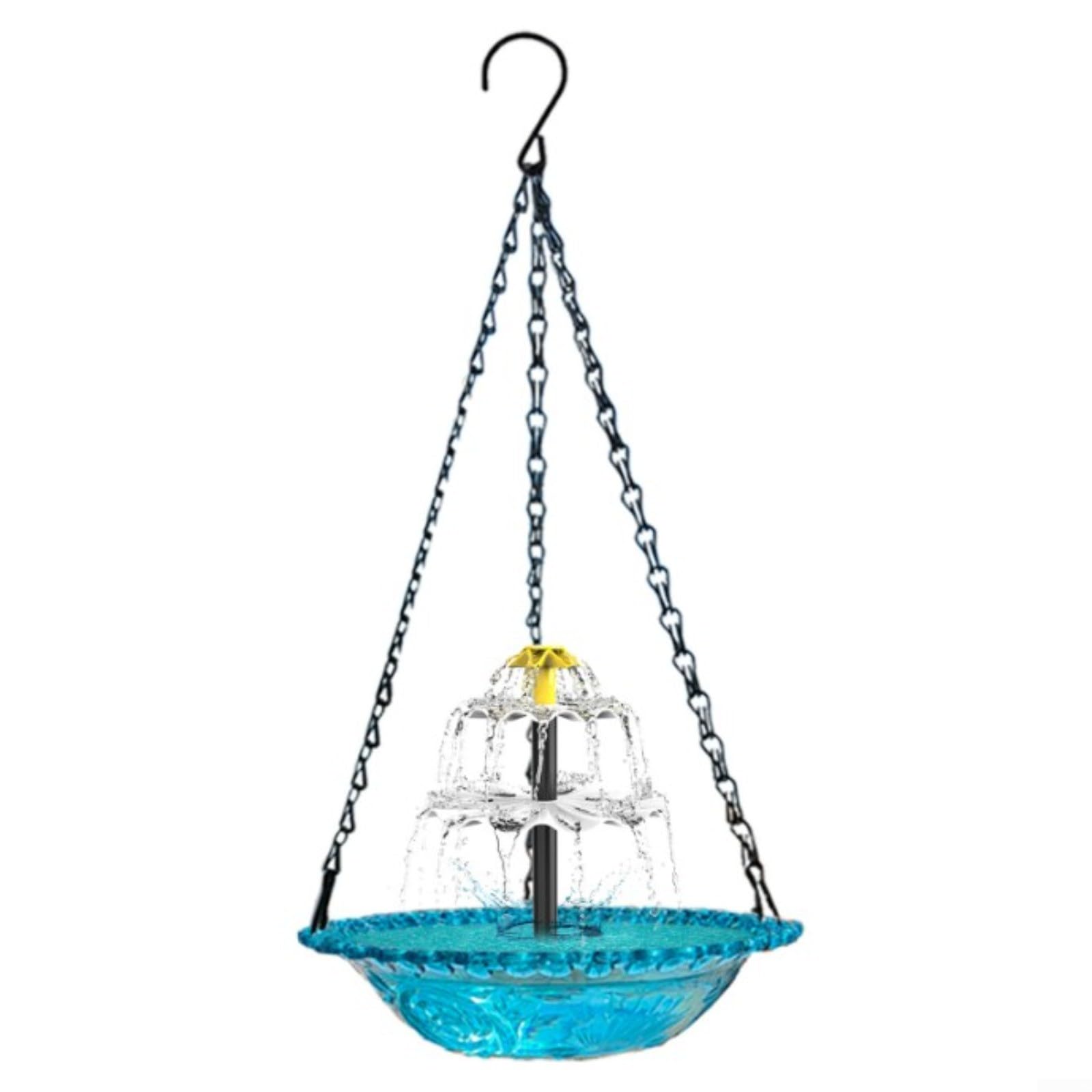 Vasca per uccelli a fontana solare da esterno con mangiatoia sospesa, vivace fontana da giardino, facile da installare (blu)