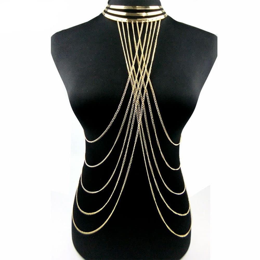 Damen-Bodysuit Körperkette Kettenschmuck Gold Sexy Körperkette Körper Kette Kettenschmuck Strass Partykette mehrschichtig Lange Brustkette Körper Bauch Schmuck BH Kette(Gold)