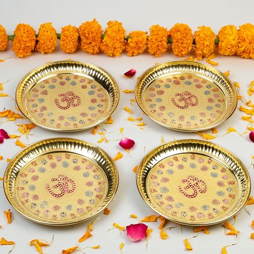 Image of Klassic Decorative Handicraft Flower Embossed Design Brass Om Pooja Thali /Plate | 6 Inch Size | Best for Home & Office Decoration & Gifting (Pack of 4, Golden)