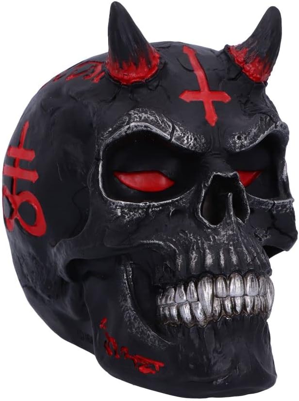 James Ryman Infernal Skull with Burning Red Eyes and Horns and Devilish Grin, Hand-Painted Resin Gothic Decor, Exclusive Horror Collectible, 20cm