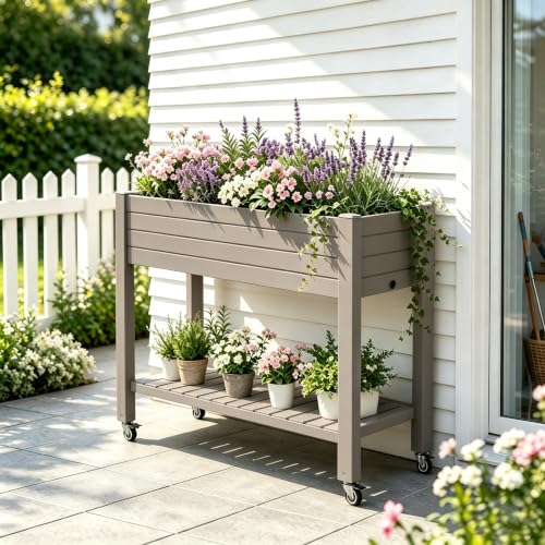 Fancyango 33.7-Inch Raised Garden Bed with Wheels for Accessible Patio Growing