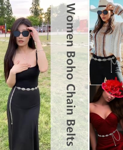 Silver Waist Chain Western Belts for Woman Rhinestone Cowboy y2k Jewelry Boho Chunky Belt for Dresses Jeans4