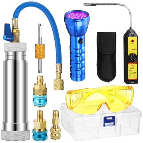 Tellegloww AC Leak Detector Kit R1234yf R134a R410a AC Oil UV Dye Injector Kit Refrigerant Leak Detector Tool Low Side Quick Coupler Mini Split Adapter Glasses Flashlight(Powerful)