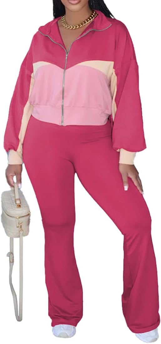 HBQ Women's 2 Piece Tracksuit Set Zip Up Jacket Flare Leg Pants