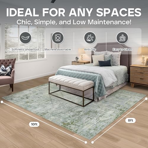 Image of 8x10 Area Rugs for Living Room Rug Washable: Modern Large Rug for Dining Room Bedroom Carpet Non Slip 8 by 10 Indoor Abstract Nursery Home Office Green