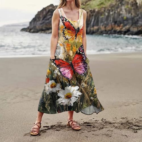 Plus Size Cotton Linen Summer Dresses for Curvy Women 2025 Sleeveless Maxi Vacation Beach Sundresses with Pockets
