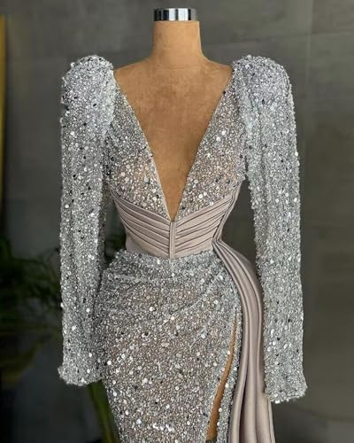 Long Sleeves Sparkly Sequins Prom Dress Women's Deep V Neck Mermaid Long Ball Celebrity Gala Pageant Evening Party Gown3