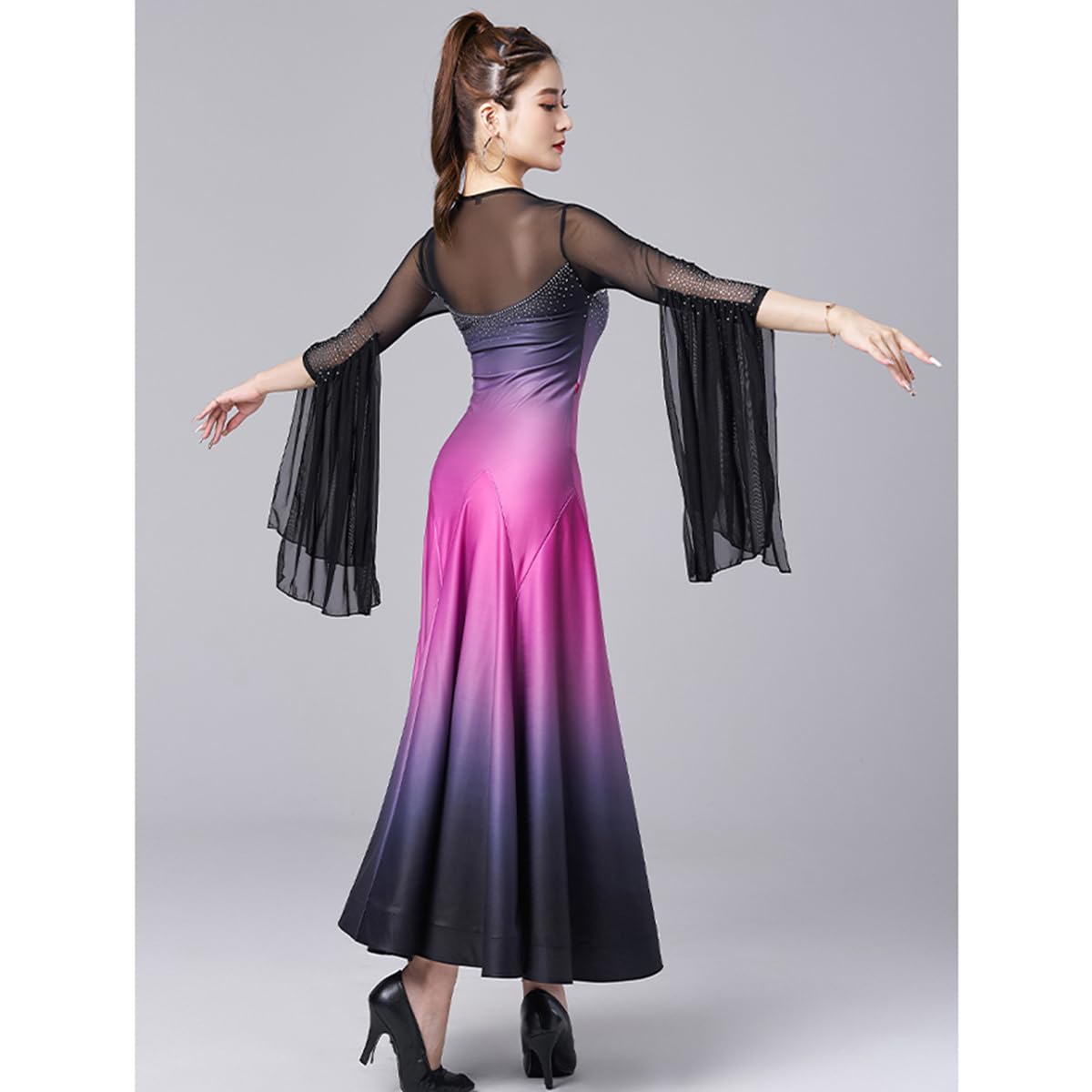 Ropa de Baile de Vals para Mujer, Falda Larga de Tul con Vuelo, de Malla, para Baile de Salón, de Encaje, para Baile Latino, Flamenco, Tango, Competición Social, Sexy (M)