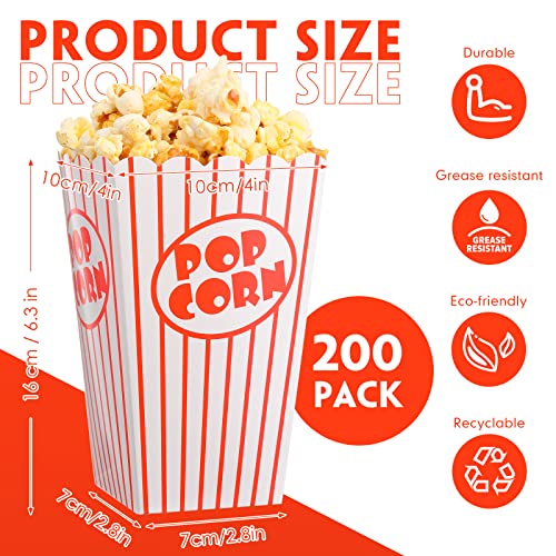 Image of 200 Pack Movie Night Popcorn Boxes Paper Popcorn Bucket Red and White Striped Container Vintage Retro Bags for Party 6.3 Inch Tall Holders for Carnival Circus Party