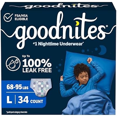 ملابس داخلية للرطوبة الليلية من Goodnites ، حجم كبير (68-95 رطلاً) ، 34 قيراطًا (عبوات من 17) ، تغليف May Vary