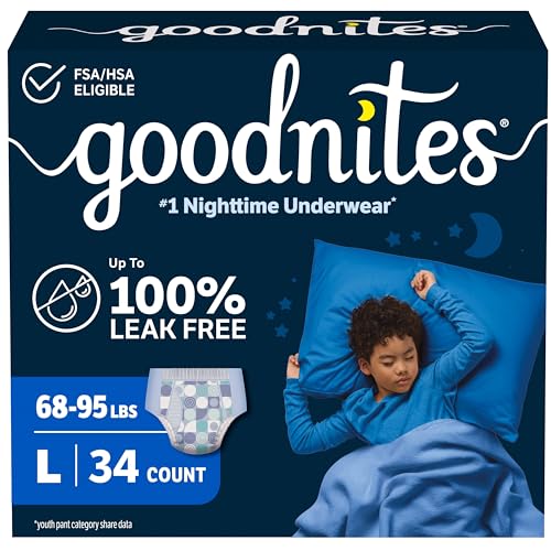 Goodnites Boys' Nighttime Bedwetting Underwear, Size Large (68-95 lbs), 34 Ct (2 Packs of 17), Packaging May Vary