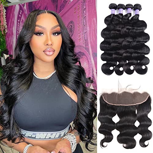 4 Bundles with Frontal Virgin Hair Body Wave Bundles with Swiss Lace Frontal Body Wave Bundles with Lace Frontal Remy Human Hair Bundles with Frontal Natural Color (18 20 22 24+16，Free Part)