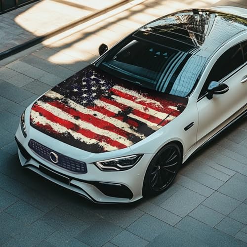 Image of Automotive Hood Cover Protector Elastic Fabrics Can be Washed Hood Wrap Blanket UV Fade Resistant Vehicles Decorate Accessories, American Flag