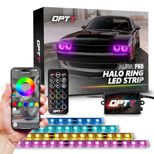 OPT7 Aura Pro Halo Lights DRL for 2008-2023 Dodge Challenger with App & Remote Control, Multi-Color Mode, Demon Eye, Angel Eye, Headlight Accessories, Easy Installation