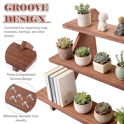 AKOLAFE 2 Stück 3-Stufig Display Ständer Treppe Holz 39x30x24cm Ohrring Display Riser mit Nut Schmuckständer aus Holz Braun für Kunsthandwerk, Figuren, Schmuck, Lippenstift, Nagellack