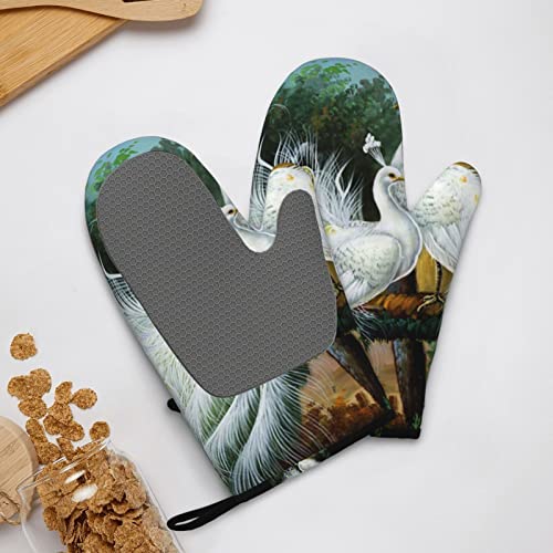 Heat Resistant Silicone Shell Oven Mitts With Waterproof, Set Of 2 White Peacock Print Oven Gloves #TOP6