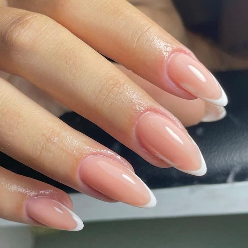 JaoZuyard French Press on Nails Medium White Fake Nails Almond Acrylic False Nails Artificial Tip Nails for Women Girls 24pcs