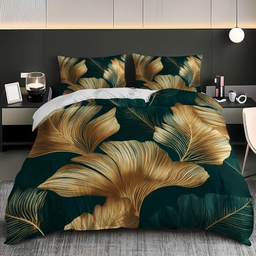 Double 79x79 inch Tropical Luxury Palm Leaves Duvet Cover Set Brushed Microfiber Bedding Sets Gold with Pillowcases Ultrasoft Hypoallergenic Duvet Set 3 Pieces With Zipper Closure