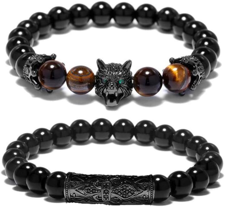 Black Matte Beads Bracelets 8mm Onyx Stone Bracelets Sets Charm King Crown for Women Men Jewelry