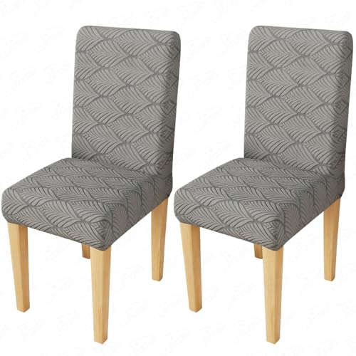 Image of Lukzer Elastic Dining Chair Cover - 2PC Pastel Dark Grey Leaf Trail | Textured High Stretch Jacquard Seat Cover | Removable Washable Short Dining Chair Cover Protector Seat Slipcover | (CC-125-02)