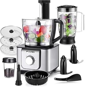 FIMEI Küchenmaschine 1100W, 11-in-1 Küchenmaschine, 3 Geschwindigkeitsstufen & Pulsfunktion, 3, 2L Zerkleinerer, 1, 5L Mixer, Mahlwerk, Zitruspresse, Knethaken, Reibe, Wendeschneidscheibe