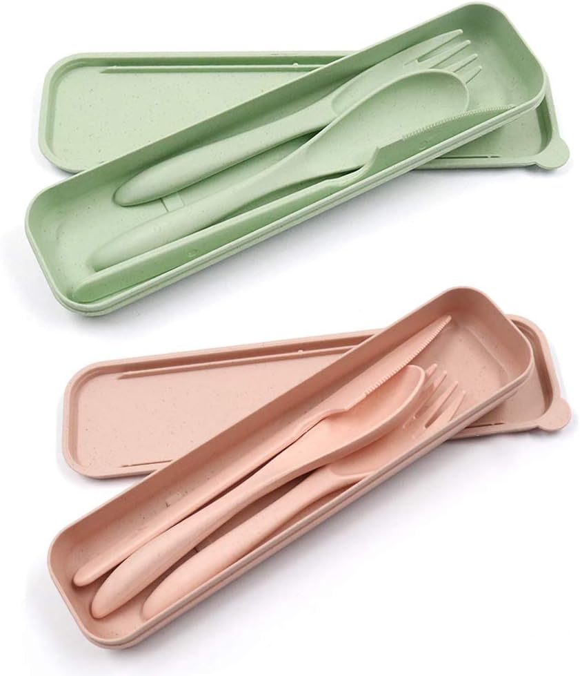 2 Pack Portable Travel Cutlery Set, Reusable Flatware Set Wheat Straw Dinnerware Set Tableware Set for Workplace School Picnic Camping (GREEN,PINK)