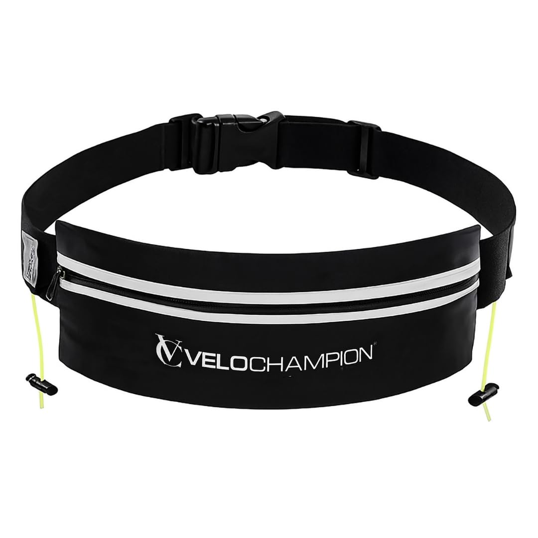 VeloChampion Reflective Running Number Belt Waist Pack + Storage Pouch Pocket. Elastic Adjustable Fit with Clip Fastening. Perfect for Fun Run, 5k, 10k, Marathon, Triathlon, Cycling