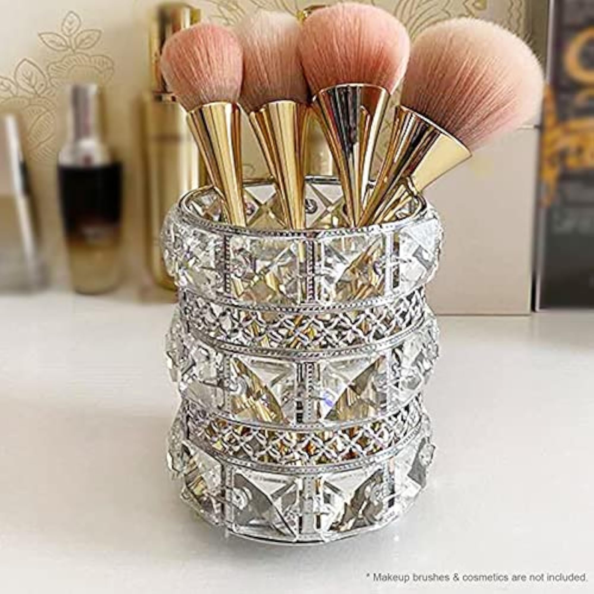 Metal Makeup Brush Pencil Cup Holder Decorated with Beads