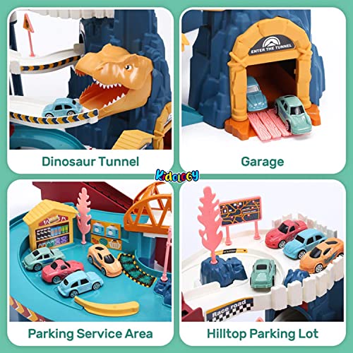 Image of Kidology Dinosaur Race Tracks for Kids 2+ Years | Rail Car Toy for Toddlers | Playset Adventure Toy with 4 Mini Cars | Climbing Hills Railcar Vehicles, Colorful and Fun Construction Play