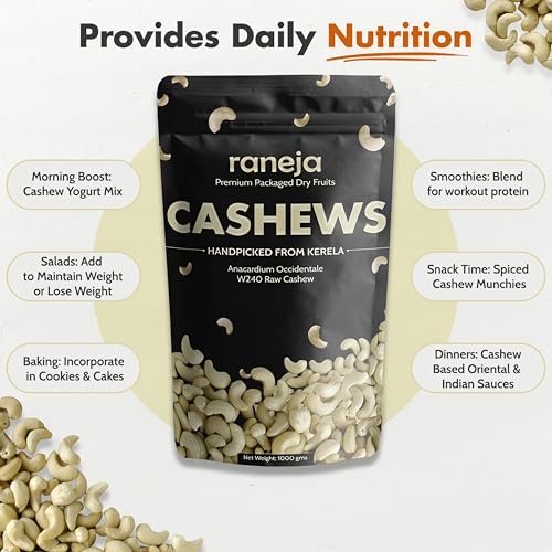 Image of Raneja 100% Natural Pre-mium Quality Pure W240 Cashews Whole /Kaju, 250g, Value Pack Nutritious & Delicious, Kaju nuts, Rich in Protein, Fiber Magnesium, Deluxe Size & Crunchy Nuts
