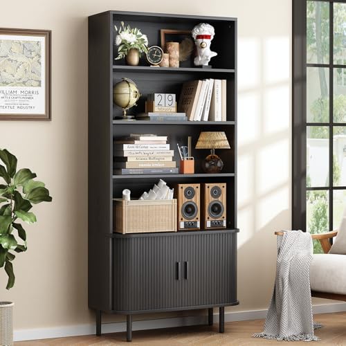 ONBRILL 71" Tall Bookshelf, 4-Tier Bookcase with Storage Cabinet & Adjustable Shelves, Floor Standing Wooden Bookshelf with Sliding Door and Adjustable Footpad, for Home Office, Living Room, Black