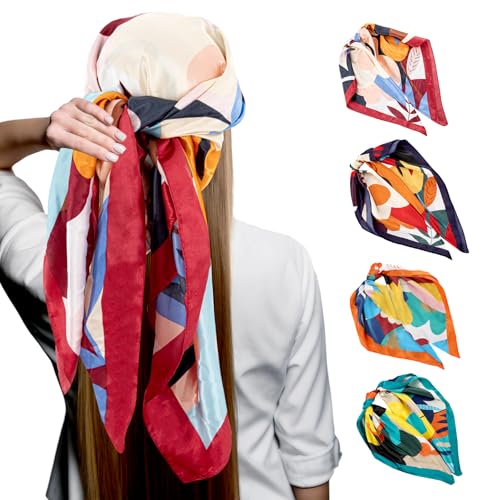 4 Pcs Large Satin Head Scarf，Retro Fashion Headscarf for Women's Hair，35 inches Silk Head Scarves for Women, Multi Functional Fashion Accessories