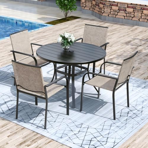Image of Anmutig 5-Piece Outdoor Dining Set 4 Stackable Patio Chairs & 41 inch Round Table with Umbrella Hole All Weather Furniture Set for Lawn Deck Backyard - Beige White Fabric