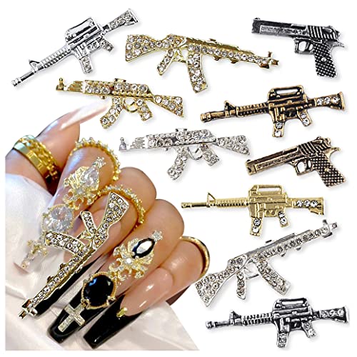3D Metal Gun Nail Charms, Alloy Weapon Nail Charm Luxury Diamond Gun Charms For Nails Gun Nail Jewels For Nail Art Decoration Rhinestones Nail Accessories DIY Nail Art Tools Nail Supplies,10pcs/set