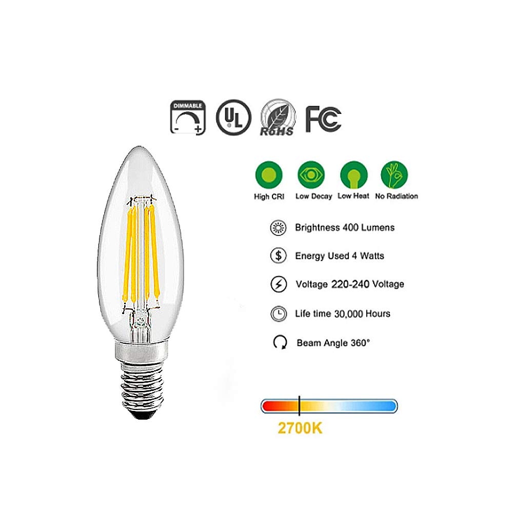 E14 4W Bombillas LED Vela(Equivalente a Lámpara Halógena de 40W)2700K de Iluminación Blanco Cálido,Bombilla de Filamento LED No Regulable AC220-240V [Clase Energética A ++] 20 Paquetes