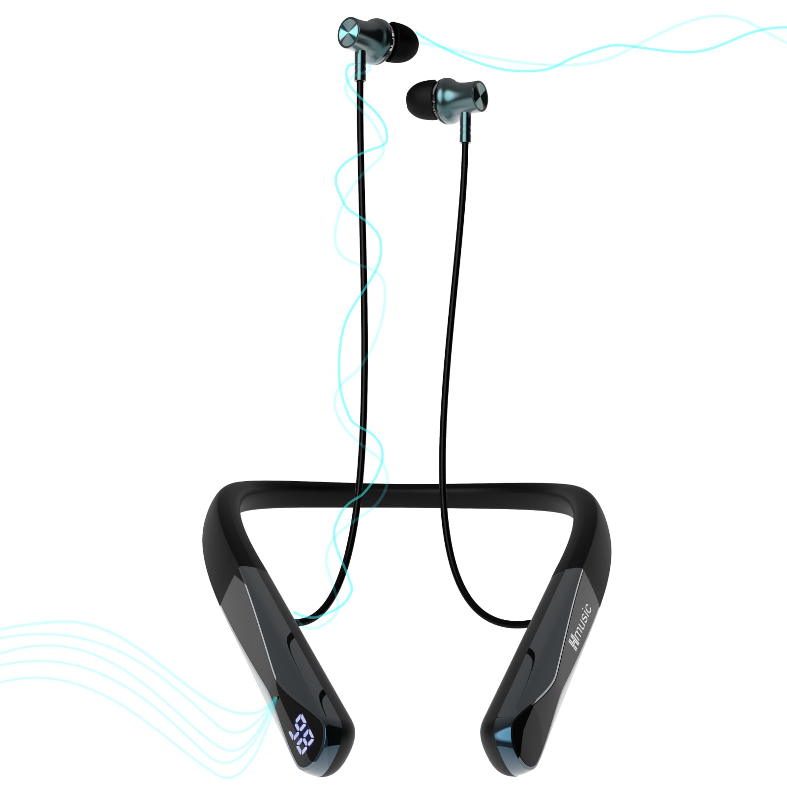 Hmusic H08 Casque Tour de Cou Bluetooth 6.0 sans Fil | Retour audio en temps réel, 35H Autonomie, IPX5 étanche, Affichage Numérique LED, Écouteurs magnétiques