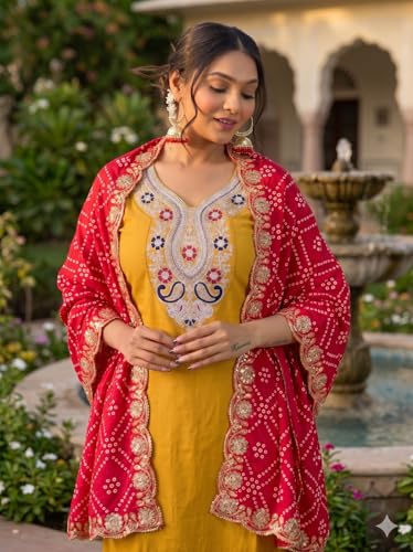 Image of Women Festive Kurta Pant Ensemble with Badhani Embroidered Dupatta Ethnic Set