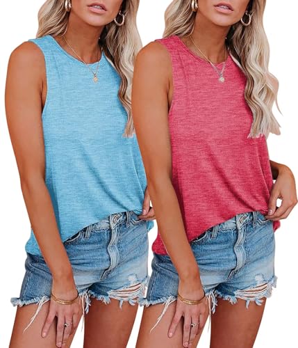 KKJ 2 Pack Womens Tank Tops Workout Tees Summer Clothes Fashion Outfits Crew Neck Sleeveless Loose Fit Fall Casual Shirts