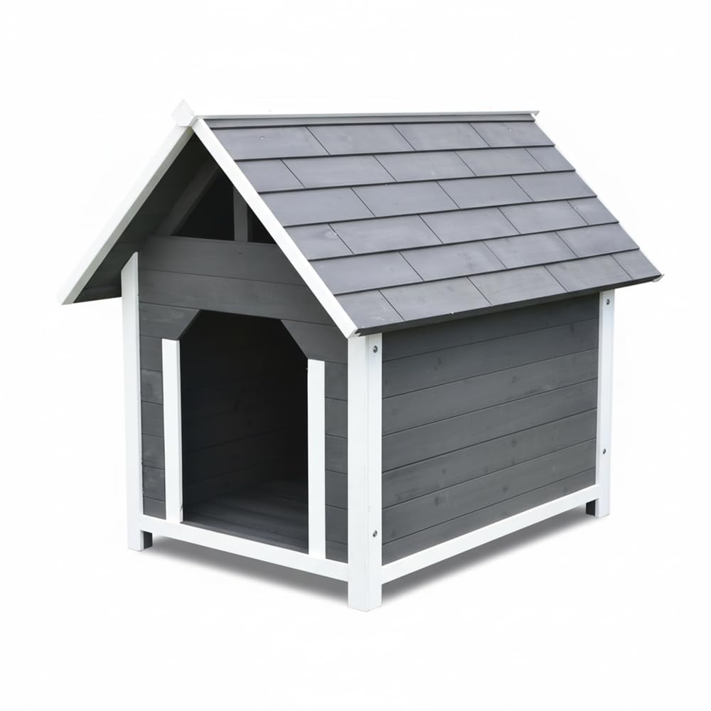 Melko Hundehütte Hundehaus XXL Holz wetterfest 75x115x95 cm Grau Weiß | Blockhaus-Design mit Dachüberstand, erhöhte Standfüße gegen Feuchtigkeit, Eingang 34x44 cm, für mittelgroße Hunde, lasiert