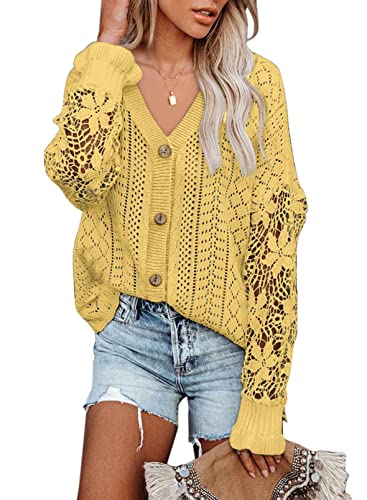 Dokotoo 2023 Women's Sexy V Neck Crochet Hollow Out Long Sleeve Button Down Cable Knit Cardigan Sweaters For Women Girls Solid Tunic Womens Sweater Outerwear Tops Yellow 2Xl #TOP30