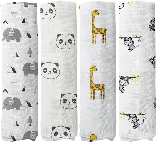 Image of 100% Muslin Swaddle Blankets,Baby Swaddling Blankets for New Born, Baby Receiving Blankets Unisex, Soft, Warm and Cosy Baby Blankets Pack of 4, Size 47 x 47 inches,Gift for New Mom Animal Cloud