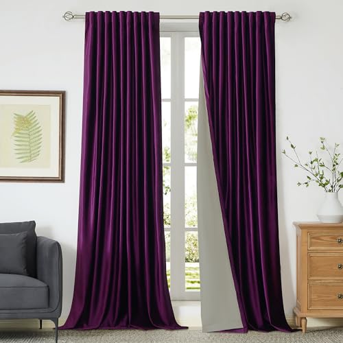 Image of PRIMROSE Full Blackout Purple Velvet Curtains 102 inch Long for Living Room,2 Panles Liner Rod Pocket Back Tab Thermal Window Curtains Room Darkening Heavy Curtain Drapes for Bedroom