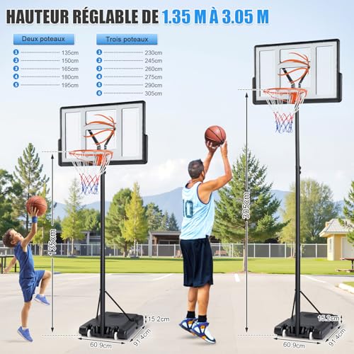 Panier de basket extérieur avec support à roulettes réglable 135-305 cm
