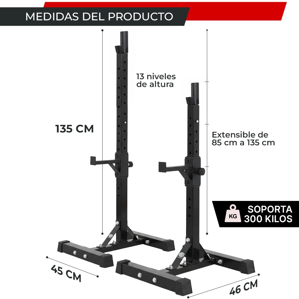 ManiBoom Soporte Barra Pesas para Sentadillas o Press Banca ESTABLE - Maquina Sentadillas Max. 300KG - Rack Musculación AJUSTABLE a 13 Alturas - Soporte Pesas Compacto para Gym en Casa