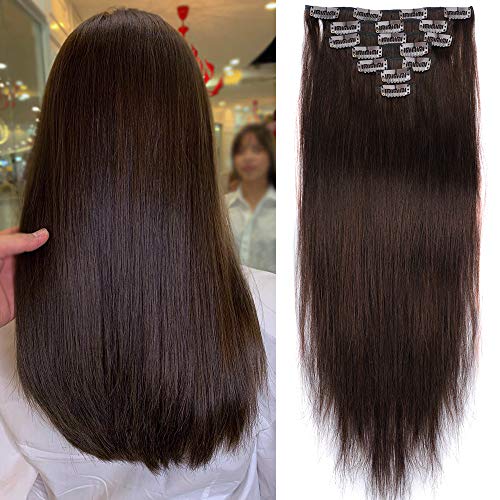 18" Clip in Hair Extensions Human Hair Clip on Remy Hair Extensions for Woman Straight 90g Double Weft 7 Pieces 16 Clips Brown Soft Silky Real Brazilian Hair Extensions (18" 90g, 2)
