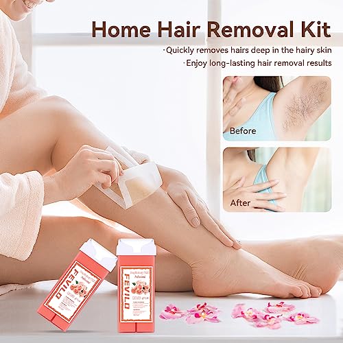 Image of Roll On Waxing Kit for Sensitive Skin - Hair Removal with 2 Rose Soft Wax Cartridges and 100 Non-Woven Wax Strips, 10 Wipes